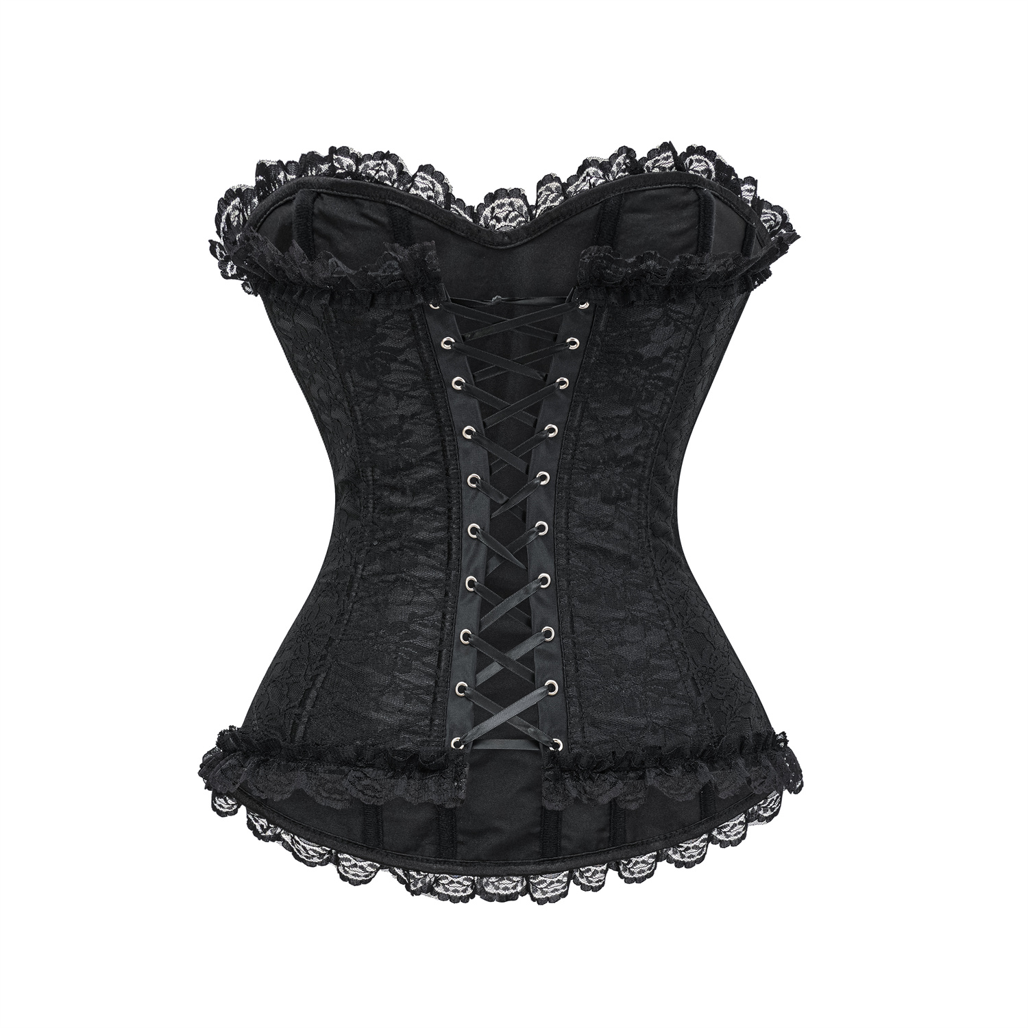 Womens Gothic Lace-Up Overbust Corset with Floral Jacquard and Lace Trim